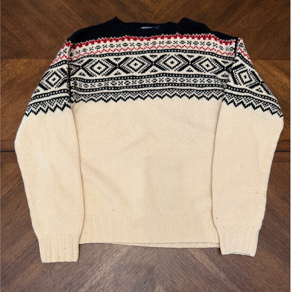 Polo Ralph Lauren Hand Knit Lambswool Fair Isle Sweater Mens XL Cream Black Red